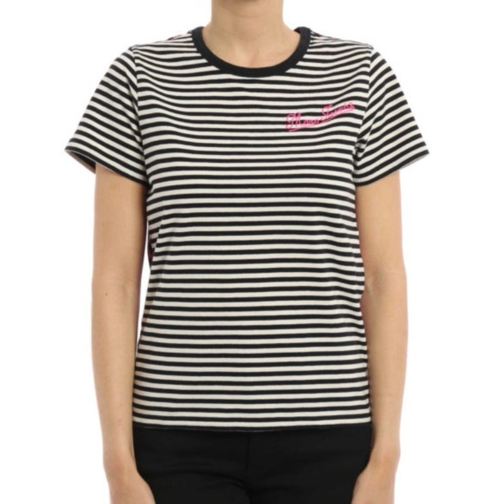 Marc Jacobs Black And White Stripe Pink Leopard Short Sleeve Tee Women’s XS Logo